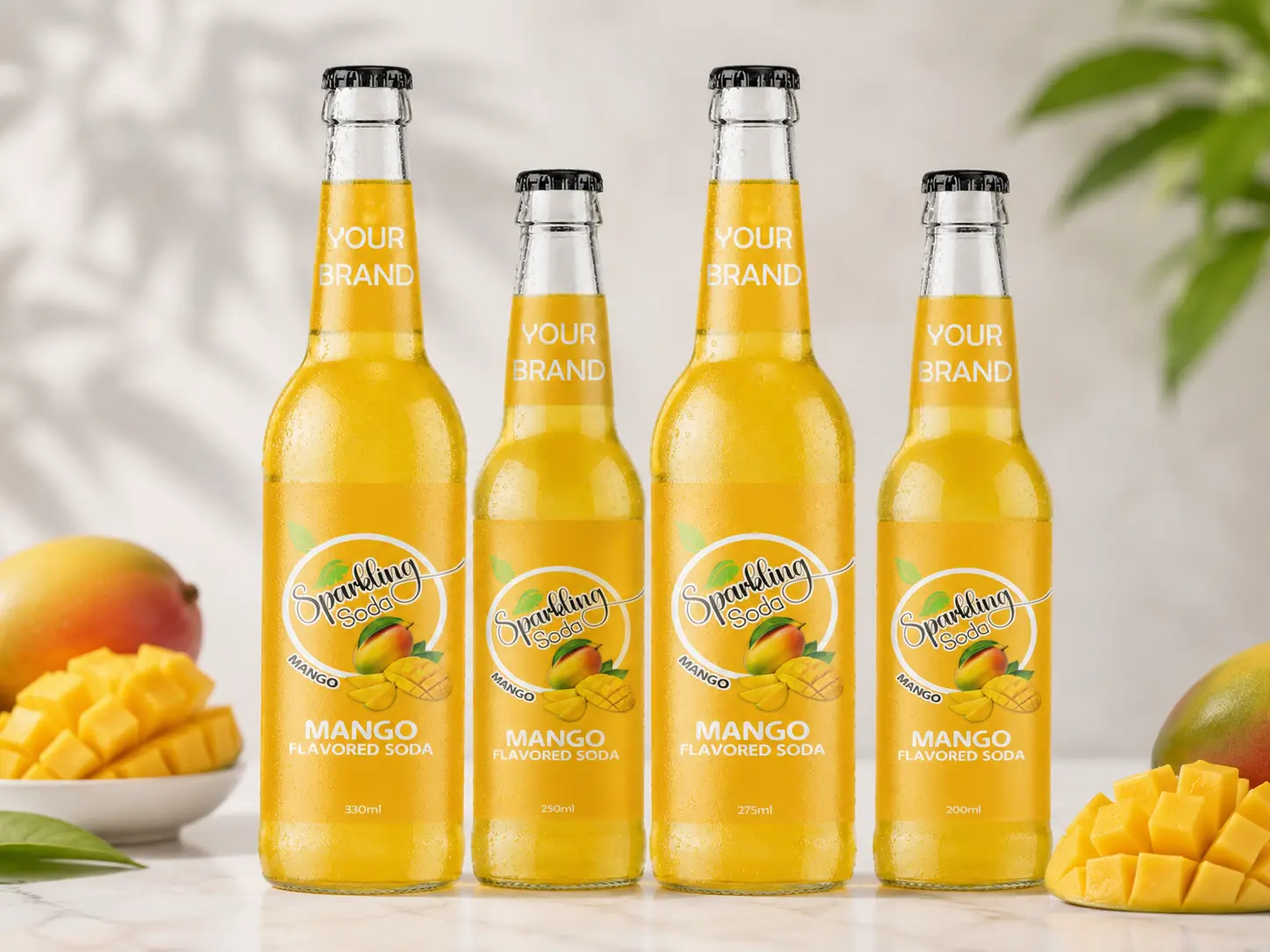 SPARKLING FLAVORED SODA Mango in 330ml, 250ml, 275ml, and 200ml glass bottles.